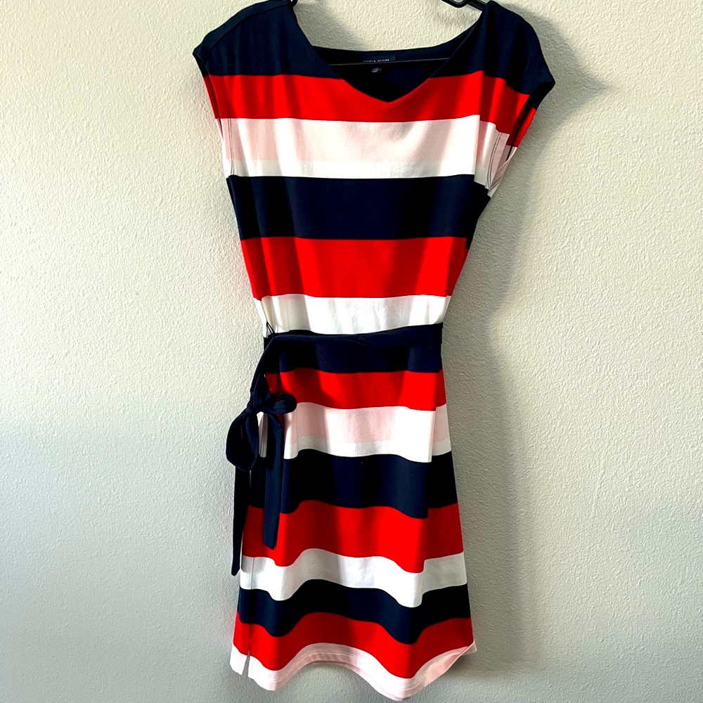 Business casual super soft dress. Pink, red, white, navy stripes.